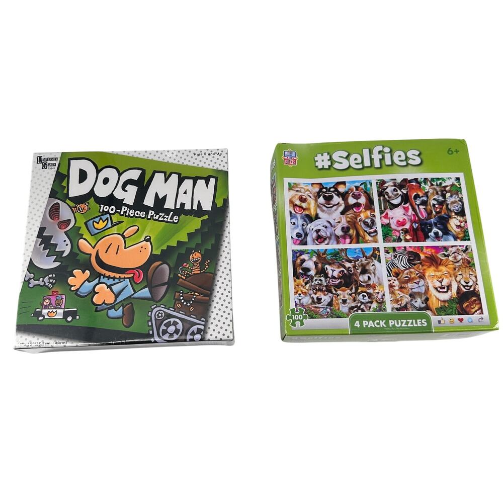 Dog Man 100 Piece Puzzle & MasterPieces #Selfies 4-Pack Animal Puzzles